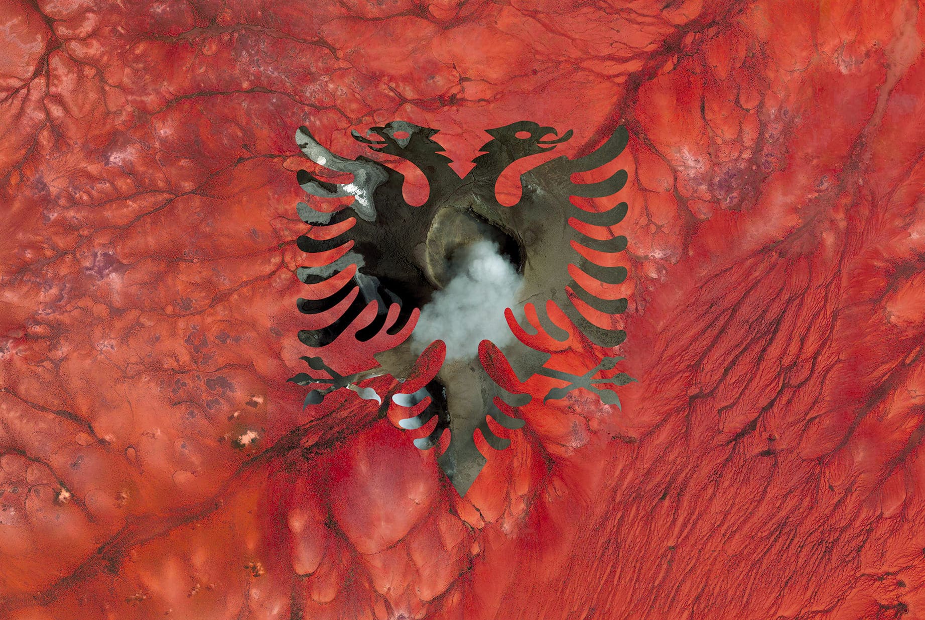 ALBANIA EARTH FLAG, 2016, DIGITAL COLLAGE OF SATELLITE PHOTOGRAPHY FROM ETHIOPIA, ITALY, diasec print CM 67×100, edition of 9