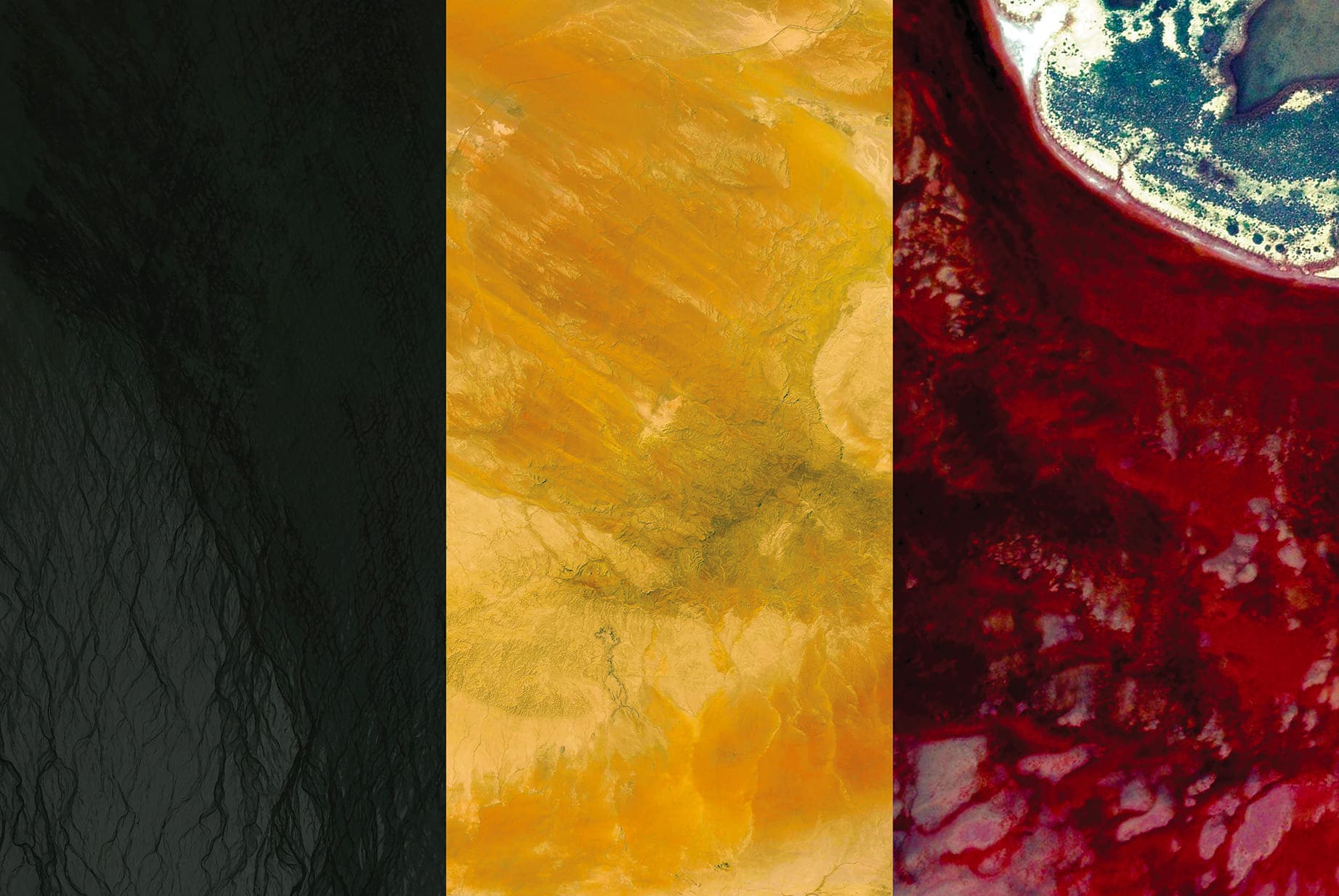 Belgium Earth Flag, 2016, Digital collage of satellite photography from Iceland, Syria, Australia, diasec print CM 67×100, limited edition 9