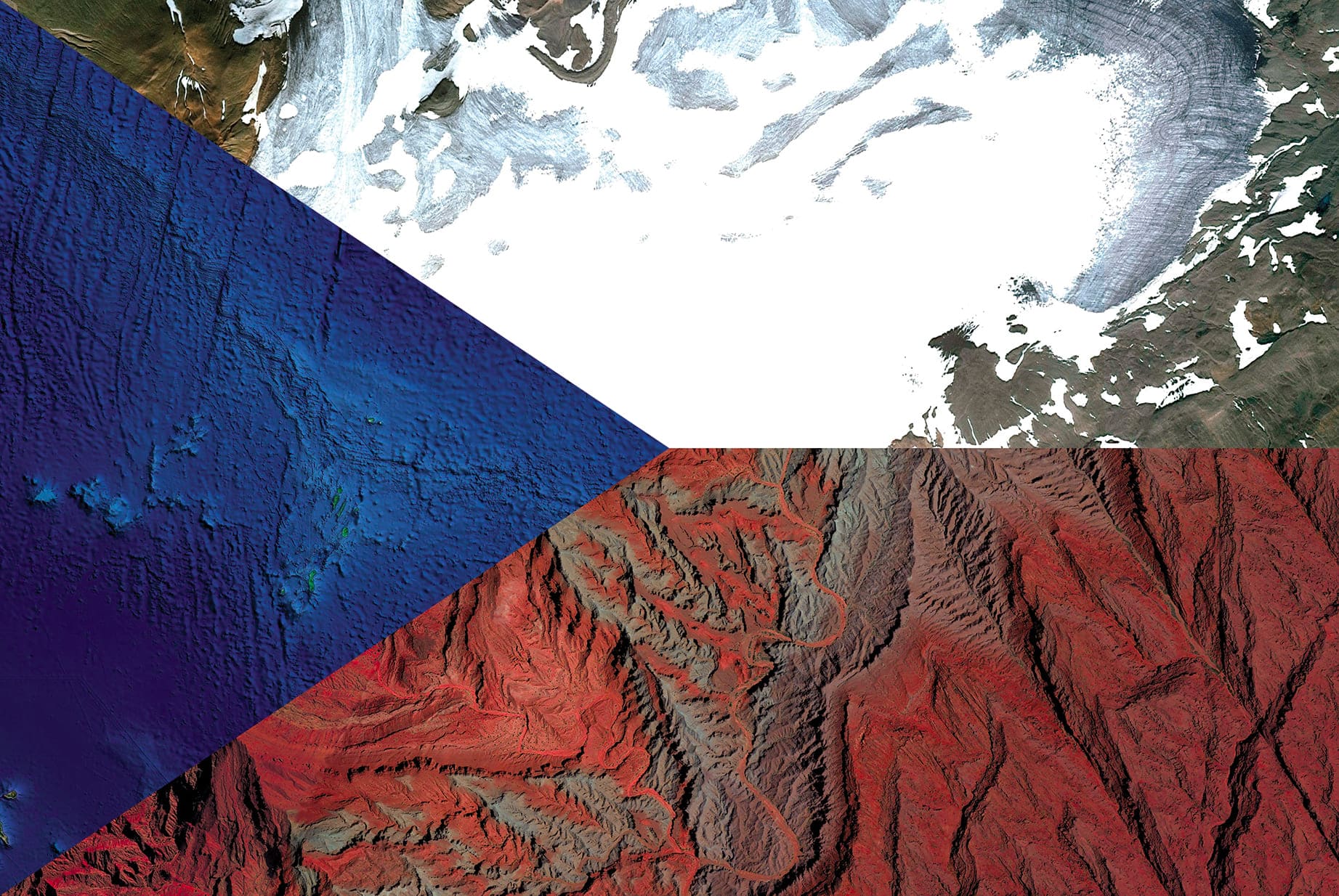 CZECH REPUBLIC EARTH FLAG, 2016, DIGITAL COLLAGE OF SATELLITE PHOTOGRAPHY FROM ICELAND, ATLANTIC OCEAN, ARGENTINA, diasec print CM 67×100, edition of 9