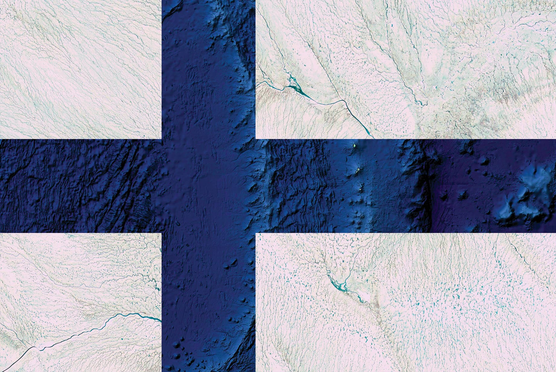 FINLAND EARTH FLAG, 2016, DIGITAL COLLAGE OF SATELLITE PHOTOGRAPHY FROM GREENLAND, OCEANIA, diasec print CM 67×100, limited edition 9