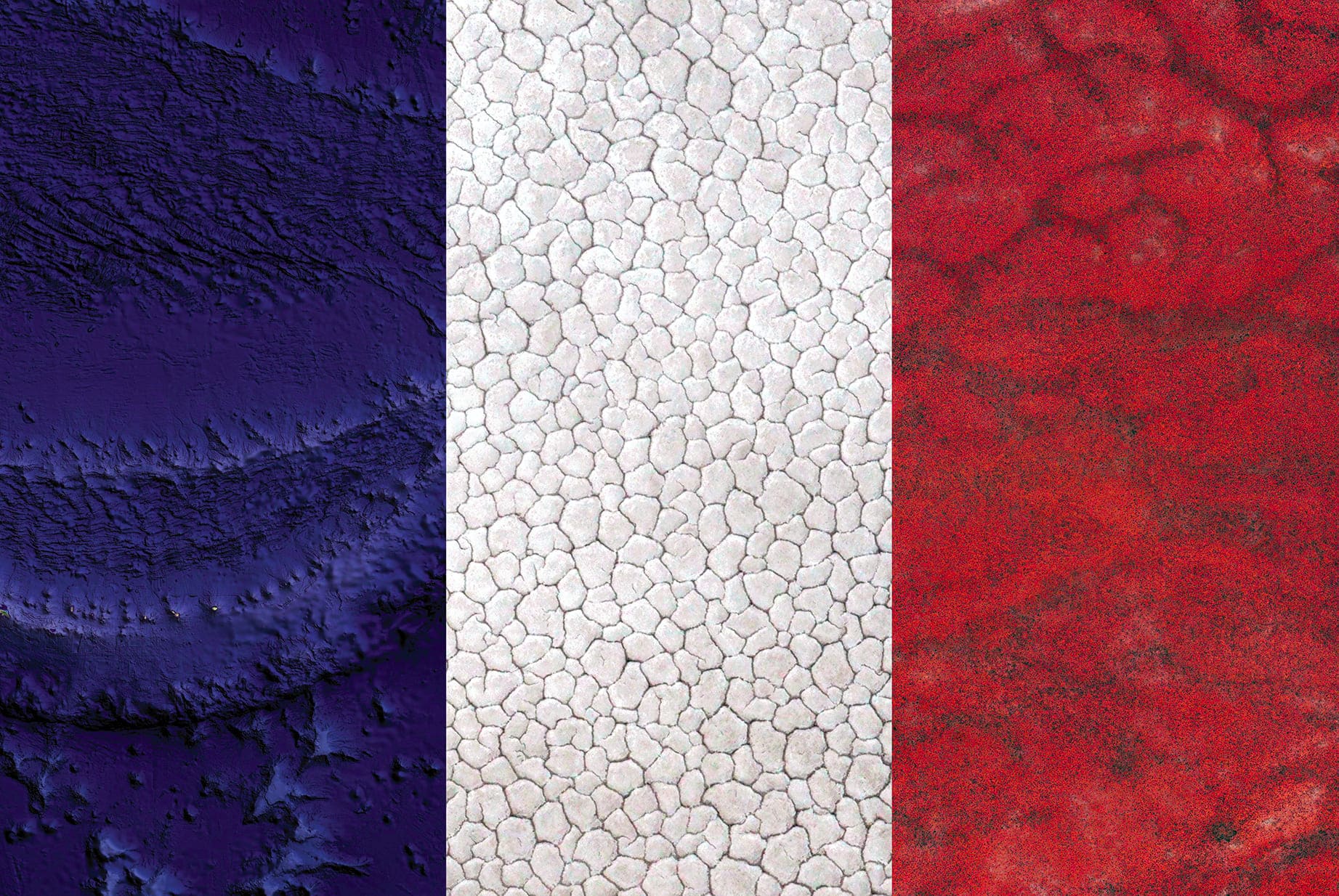 FRANCE EARTH FLAG, 2016, DIGITAL COLLAGE OF SATELLITE PHOTOGRAPHY FROM OCEANIA, KAZAKHSTAN, KENYA, diasec print CM 67×100, limited edition 9