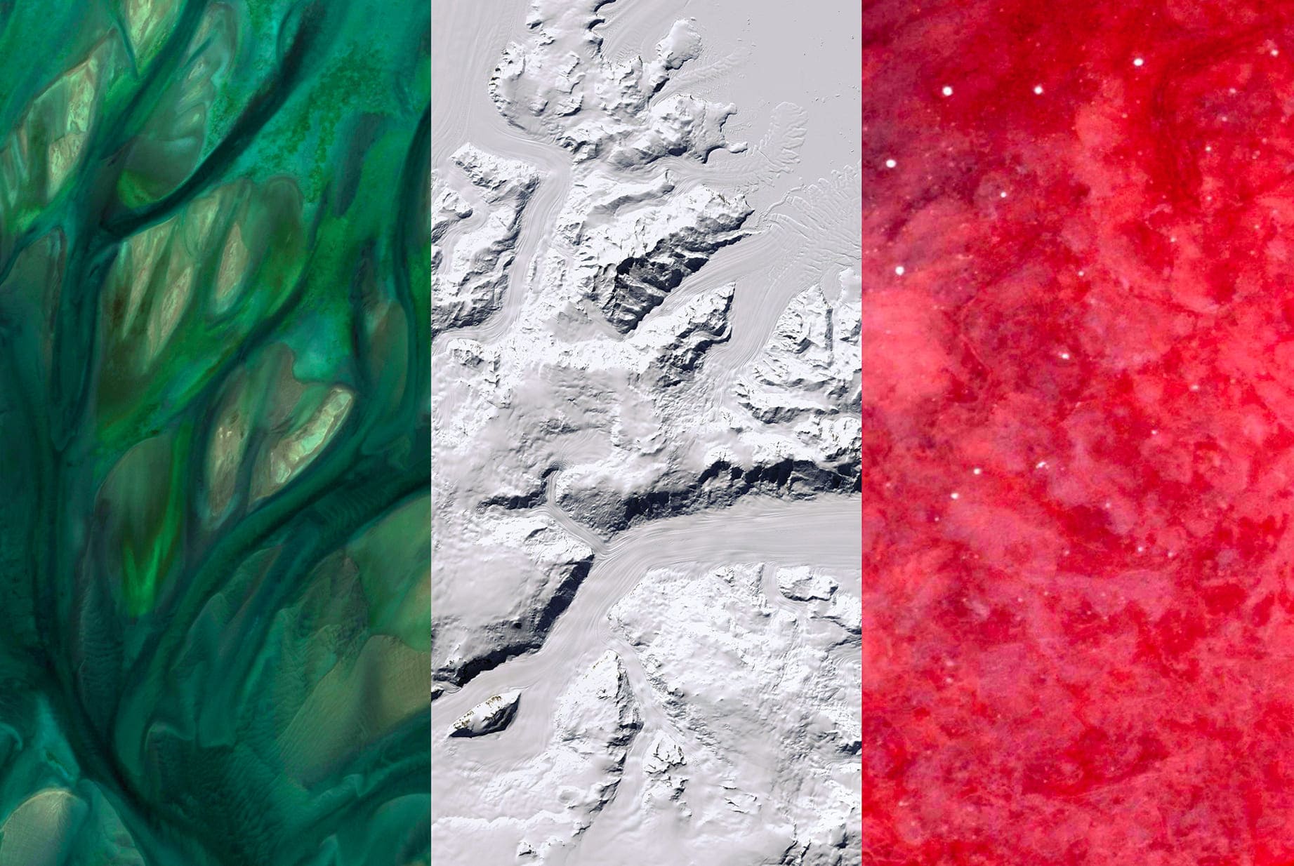 ITALY EARTH FLAG, 2016, DIGITAL COLLAGE OF SATELLITE PHOTOGRAPHY FROM QATAR, ANTARCTICA, NAMIBIA, diasec print CM 67×100, limited edition 9