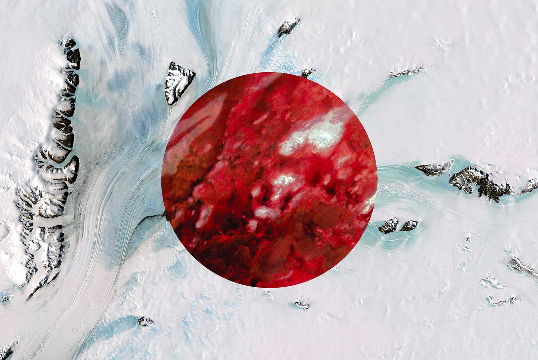 JAPAN EARTH FLAG, 2016, DIGITAL COLLAGE OF SATELLITE PHOTOGRAPHY FROM ANTARCTICA, AUSTRALIA, diasec print CM 67×100, limited edition 9