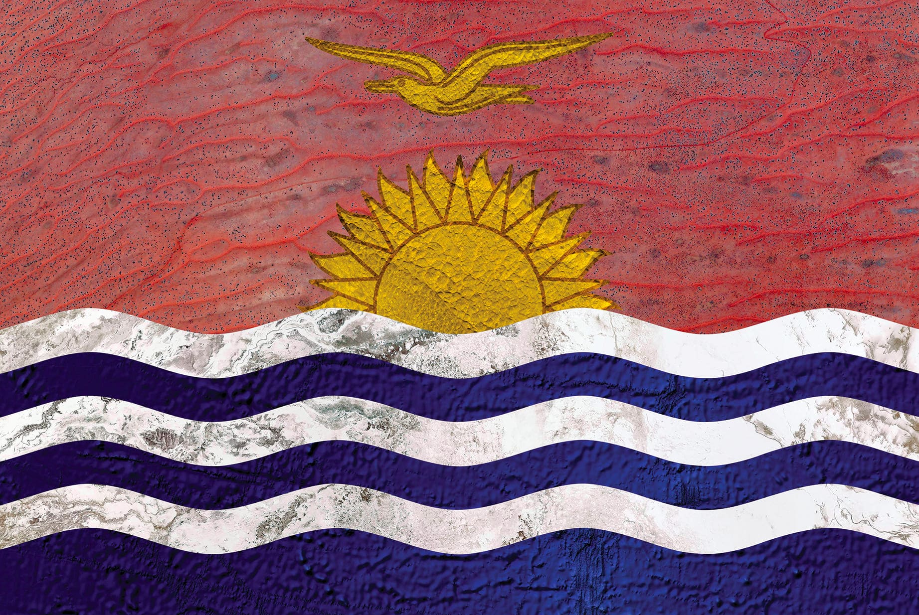 KIRIBATI EARTH FLAG, 2016, DIGITAL COLLAGE OF SATELLITE PHOTOGRAPHY FROM AUSTRALIA, KAZAKHSTAN, BOLIVIA, ATLANTIC OCEAN, diasec print CM 67×100, edition of 9