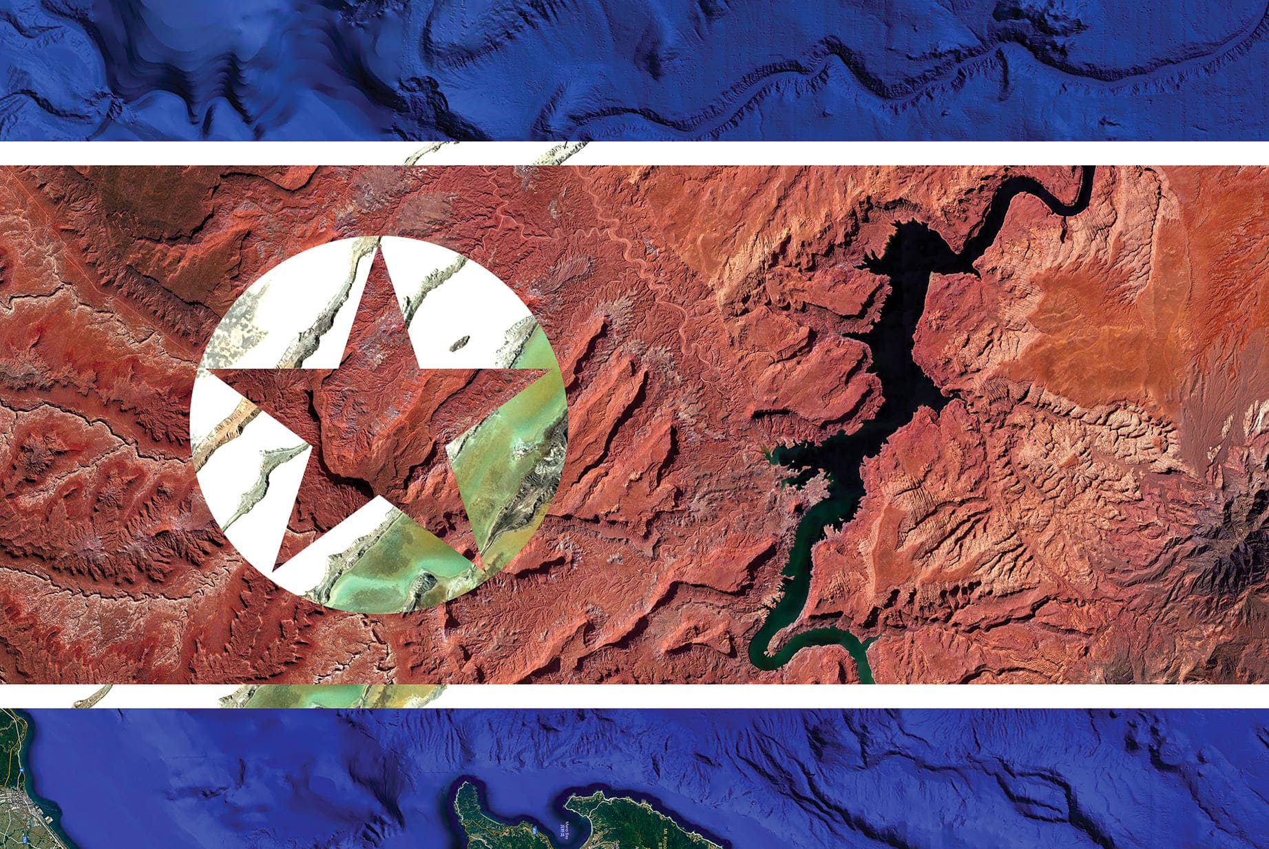 NORTH KOREA EARTH FLAG, 2018, DIGITAL COLLAGE OF SATELLITE PHOTOGRAPHY FROM SEA OF JAPAN, USA, UKRAINE, diasec print CM 67×100, limited edition 9