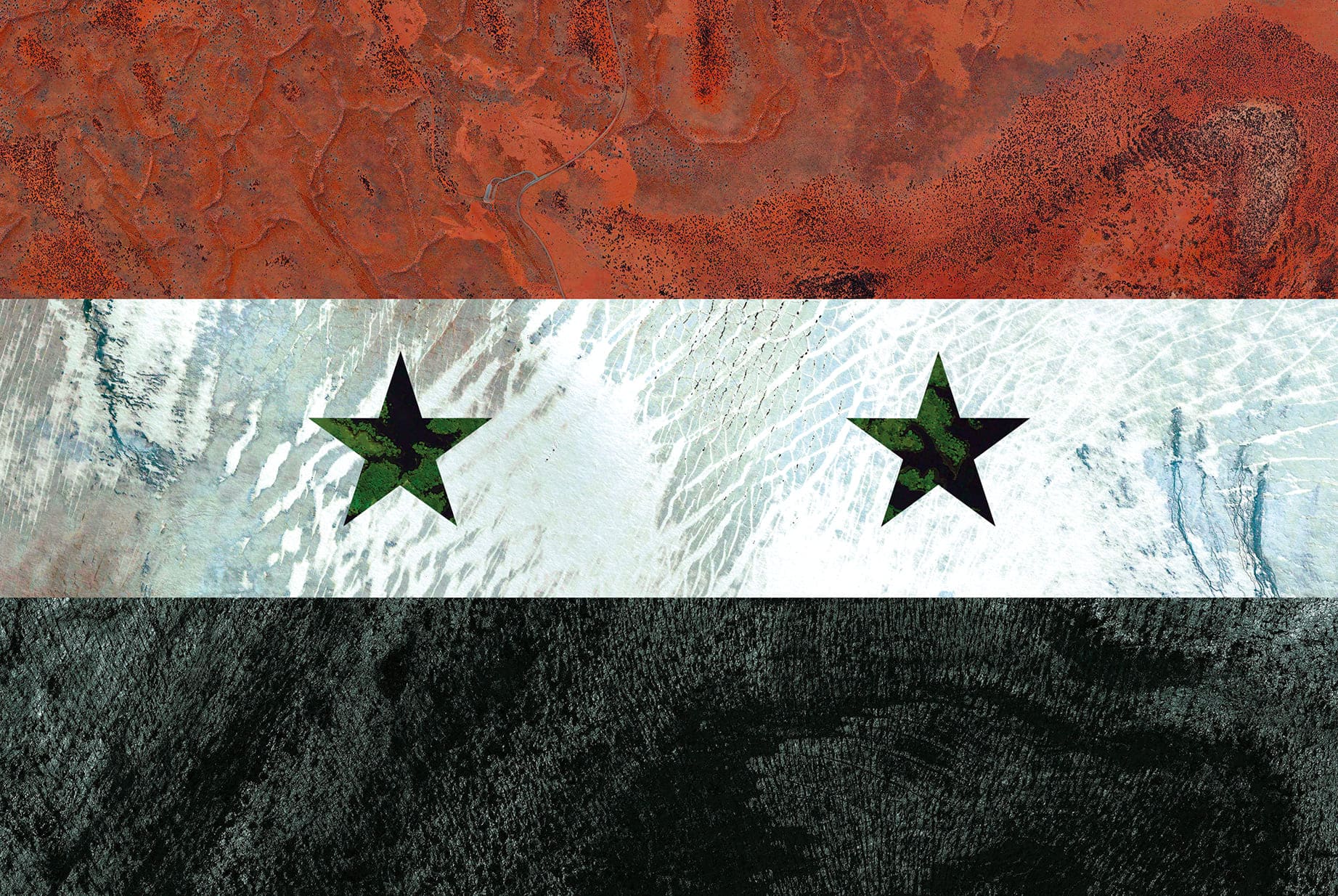 SIRYA EARTH FLAG, 2016, DIGITAL COLLAGE OF SATELLITE PHOTOGRAPHY FROM AUSTRALIA, GREENLAND, BRAZIL, ICELAND, diasec print CM 67×100, edition of 9