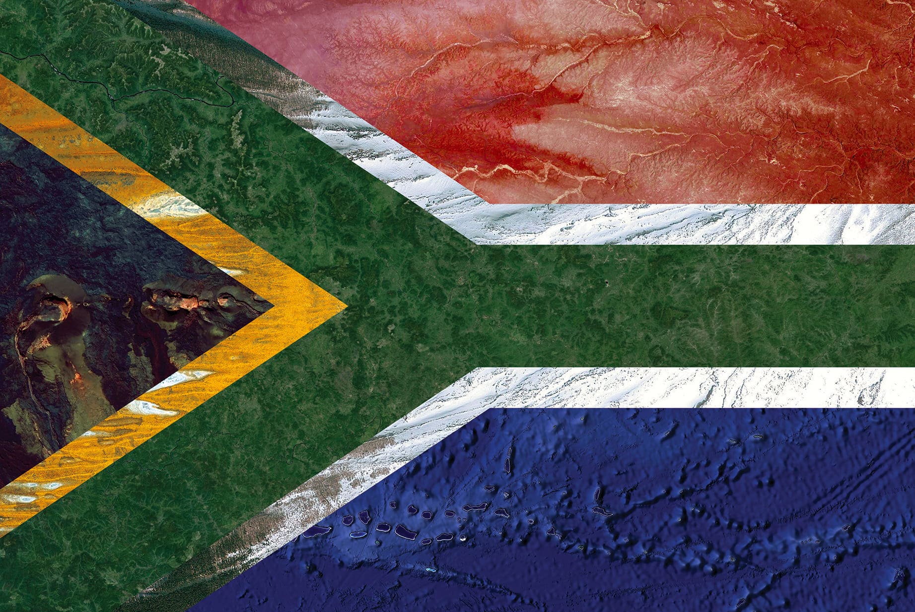 SOUTH AFRICA EARTH FLAG, 2016, DIGITAL COLLAGE OF SATELLITE PHOTOGRAPHY FROM HAWAII, AUSTRALIA, RUSSIA, JAPAN, IRAQ, OCEANIA, diasec print CM 67×100, limited edition 9