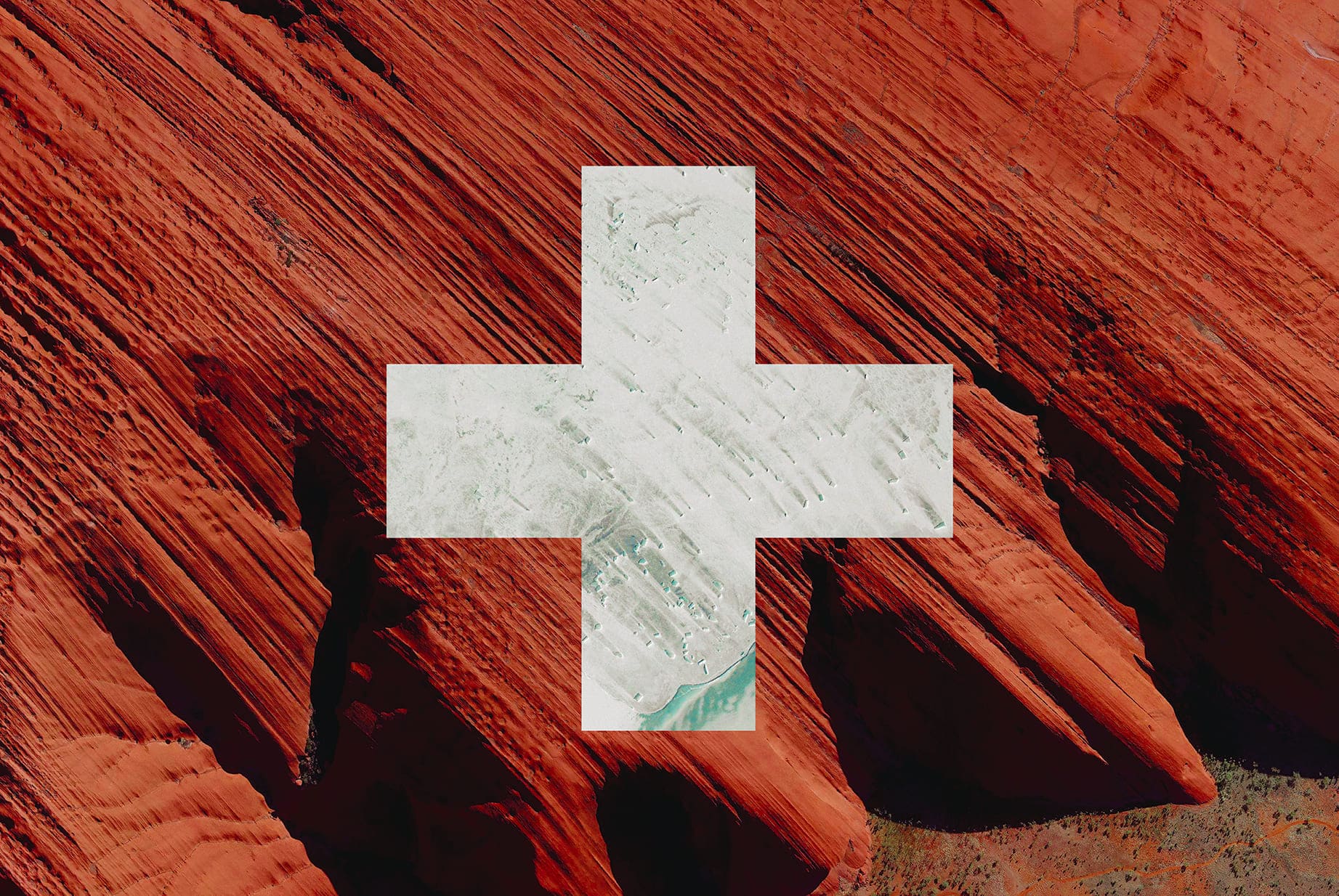 SWISS EARTH FLAG, 2016, DIGITAL COLLAGE OF SATELLITE PHOTOGRAPHY FROM AUSTRALIA, ANTARCTICA, diasec print CM 67×100, limited edition 9
