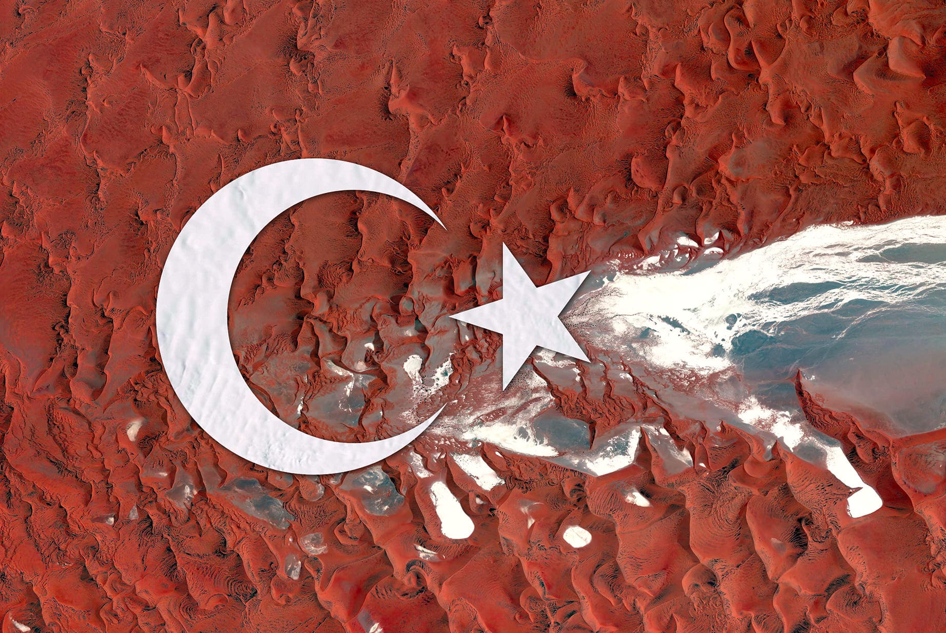 TURKEY EARTH FLAG, 2016, DIGITAL COLLAGE OF SATELLITE PHOTOGRAPHY FROM NAMIBIA, ANTARCTICA, diasec print CM 67×100, edition of 9
