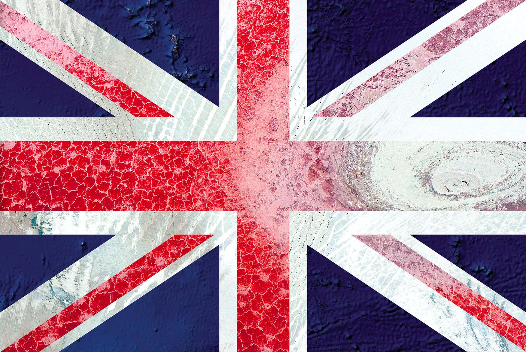 UK EARTH FLAG, 2016, DIGITAL COLLAGE OF SATELLITE PHOTOGRAPHY FROM OCEANIA, GREENLAND, TANZANIA, diasec print CM 67×100, edition of 9