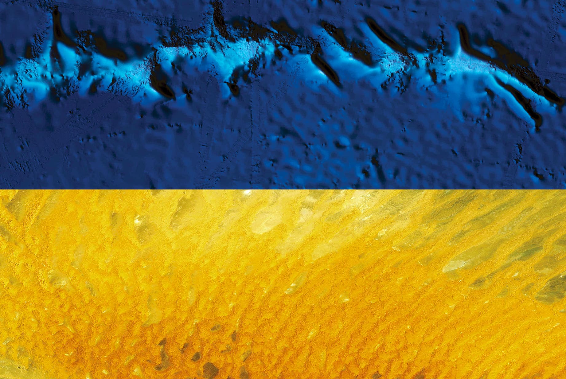 UKRAINE EARTH FLAG, 2016, DIGITAL COLLAGE OF SATELLITE PHOTOGRAPHY FROM PACIFIC OCEAN, ALGERIA, diasec print CM 67×100, limited edition 9